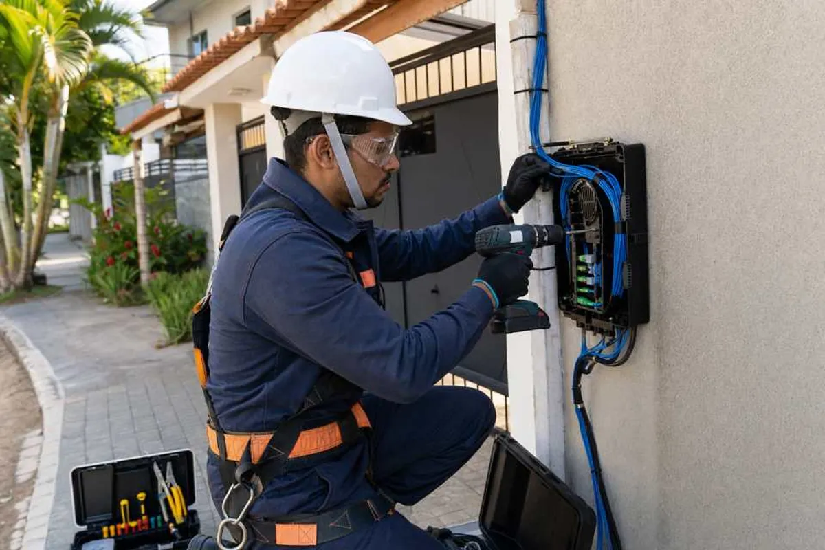 Técnico instalando caixa de fibra óptica em residência em Bela Vista