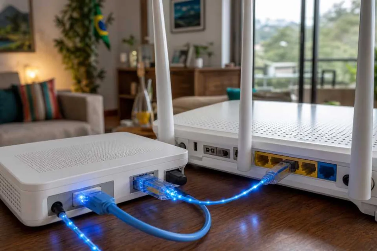 Tecnico instalando caixa de fibra optica na fachada de residencia em Bela Vista