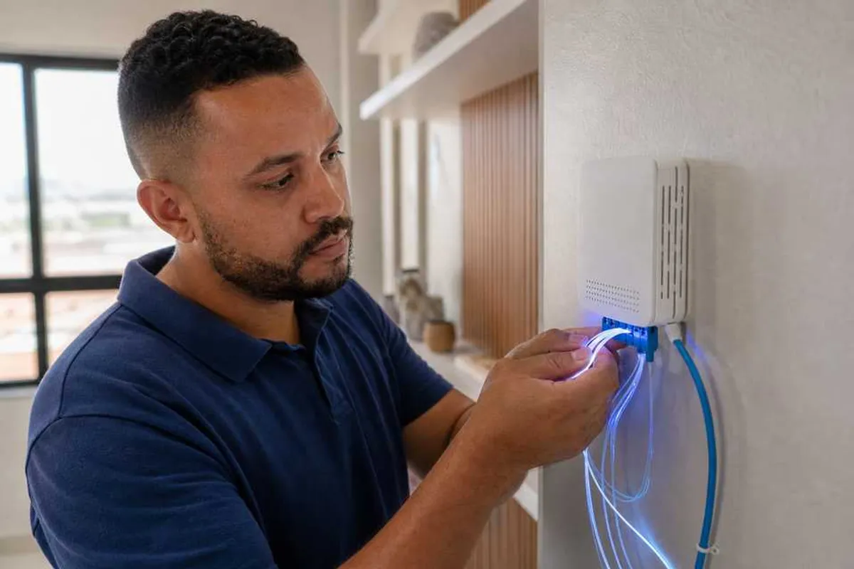 Técnico instalando cabos de fibra óptica em um modem de internet dentro de uma casa