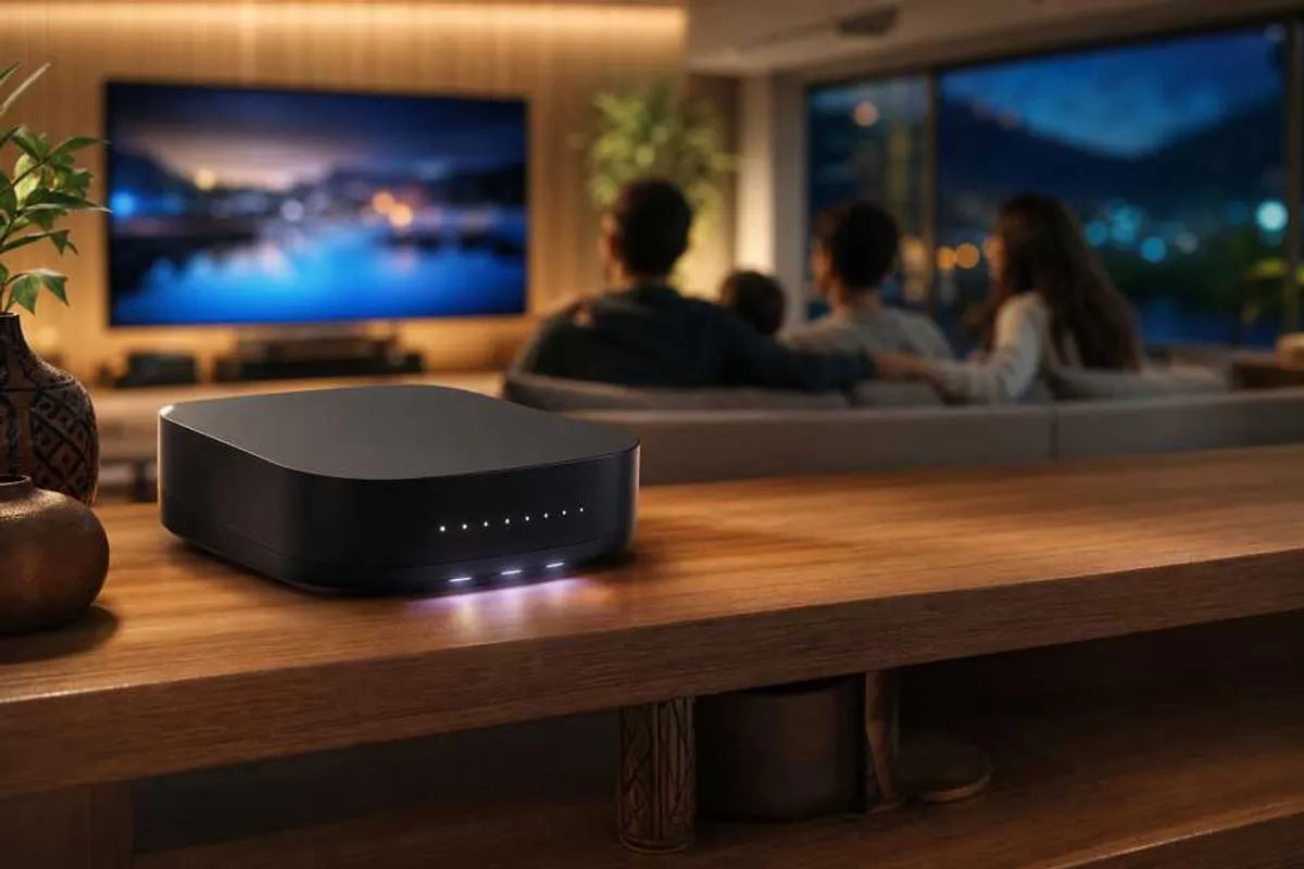 Sala com smart TV e streaming em alta velocidade via fibra otica
