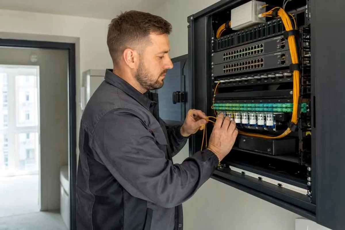 Técnico instalando equipamento de internet fibra óptica em prédio residencial