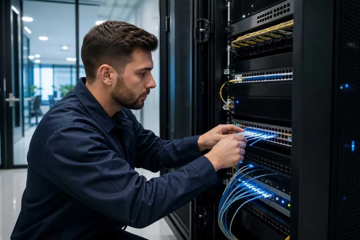 Técnico instalando link dedicado de fibra óptica em rack de rede de empresa em Bela Vista