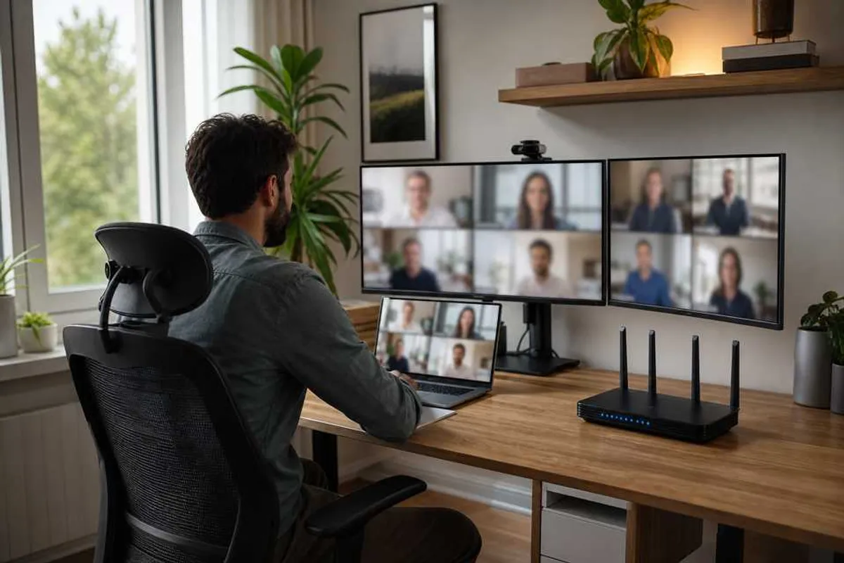 Home office com internet rápida e estável, notebook em videochamada e roteador Wi-Fi