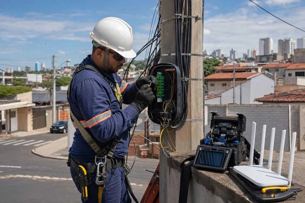 Técnico instalando cabo de fibra óptica para upgrade de velocidade de internet
