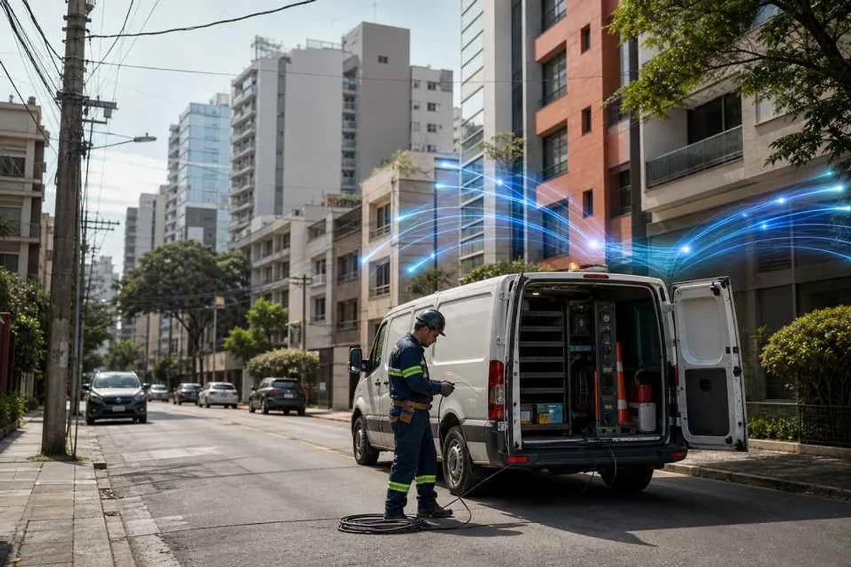 Técnico de provedor de internet com fibra óptica em rua do bairro Consolação