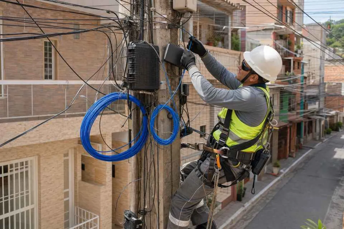 Técnico instalando cabo de fibra óptica em poste em bairro urbano de São Paulo