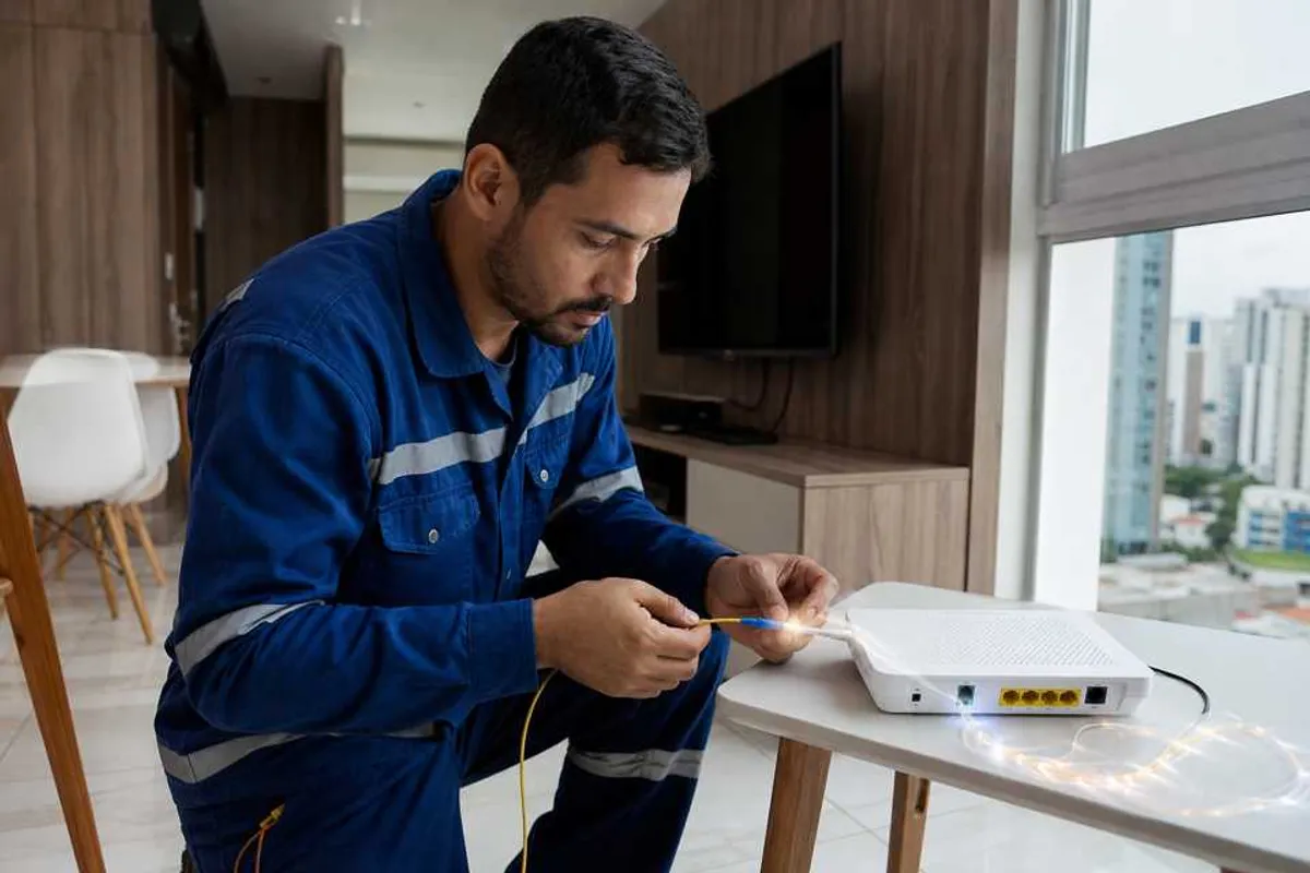 Instalação de fibra óptica com roteador ONT em apartamento residencial
