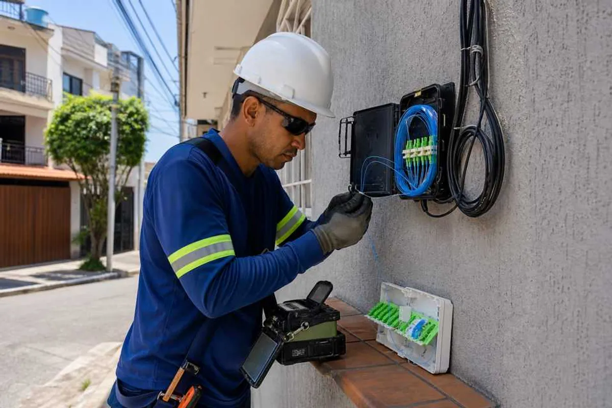 Tecnico instalando fibra optica em predio na Se, Sao Paulo