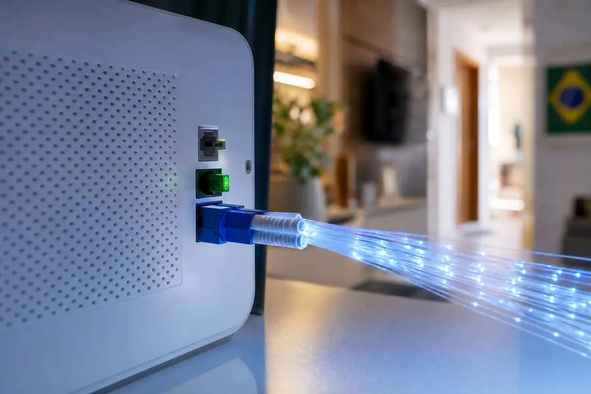 Técnico configurando roteador wifi e ONT de fibra óptica em apartamento em Higienópolis, São Paulo