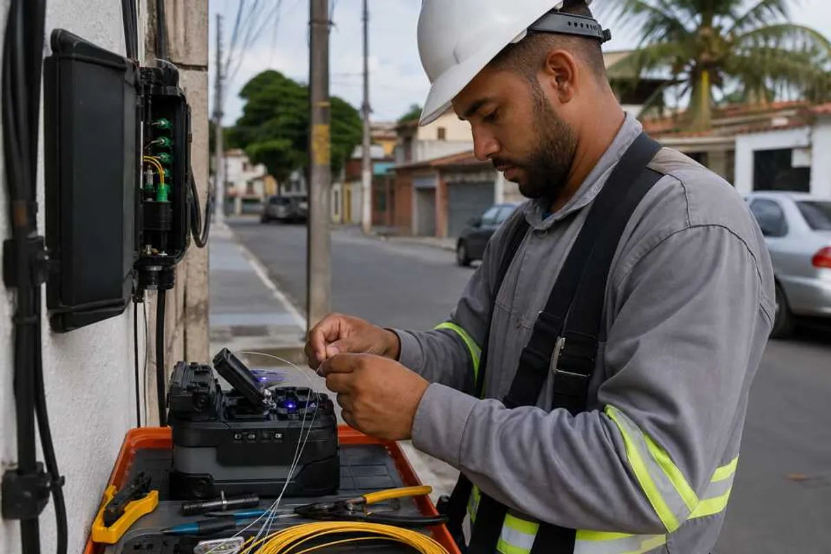 Técnico instalando fibra óptica em prédio residencial no bairro Santa Cecília, São Paulo