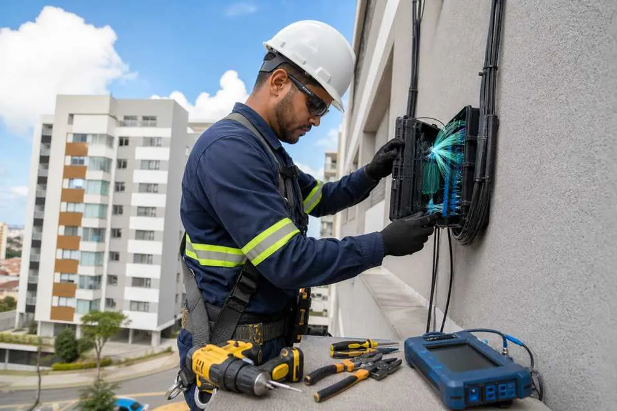 Técnico instalando cabo de fibra óptica em prédio no Morro dos Ingleses