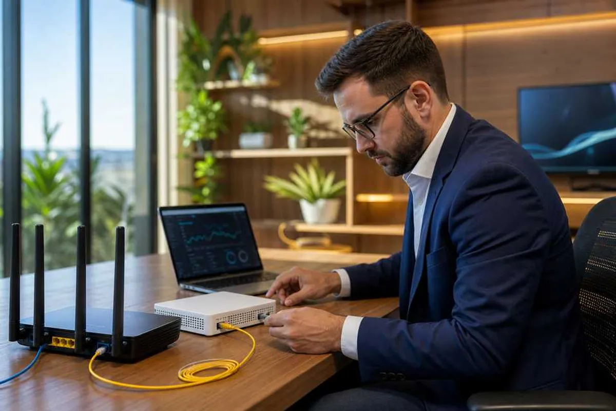 Engenheiro configurando roteador e modem de fibra óptica em home office no Itaim Bibi