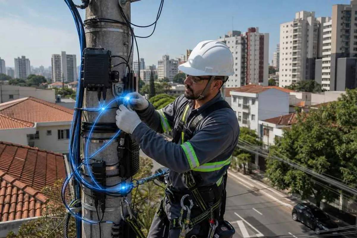Tecnico instalando internet fibra optica em Pinheiros, Sao Paulo